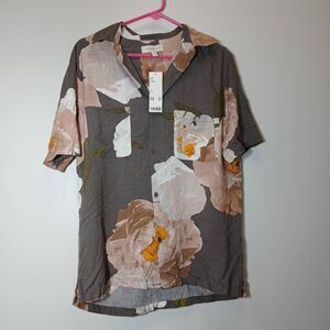 Standard cloth mens small taupe gray flora shirt casual shortsleeve